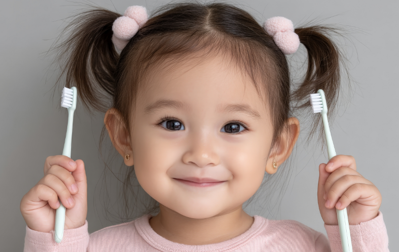 Toddler holding toothbrushes